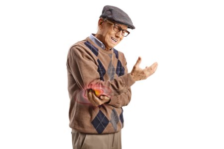 Osteoporose bei älteren Menschen, Mann hält Ellbogen isoliert auf weißem Hintergrund