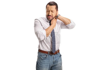 Photo for White collar worker in pain holding his stiff neck isolated on white background - Royalty Free Image