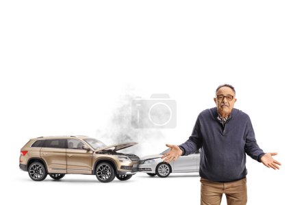 Photo for Devastated mature man after a car accident isolated on white background - Royalty Free Image
