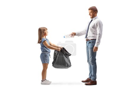 Child holding a waste bag and a businessman throwing a plastic bottle isolated on white background
