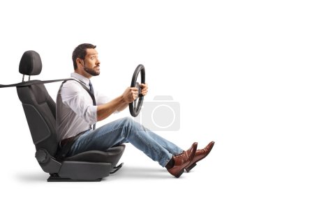 Photo for Scared driver holding a steering wheel isolated on white background - Royalty Free Image