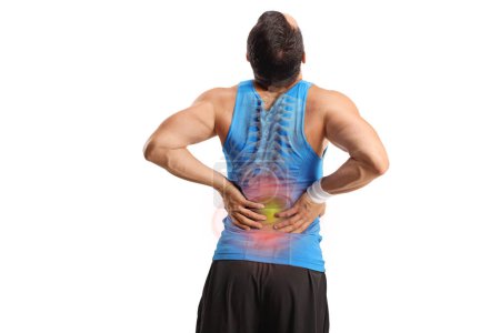 Téléchargez les photos : Vue arrière d'un athlète masculin étirant son dos douloureux avec une tache enflammée rouge et un os isolé sur fond blanc - en image libre de droit