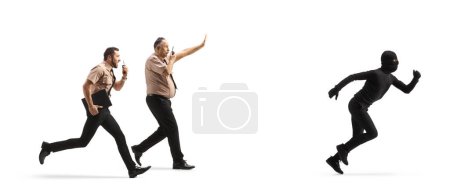 Photo for Full length profile shot of policemen chasing a thief in disguise isolated on white background - Royalty Free Image