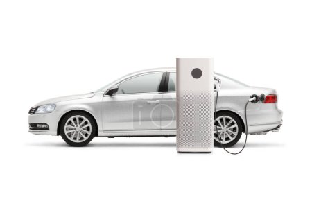 Photo for SIlver car at EV charging point isolated on white background - Royalty Free Image