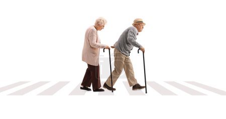 Téléchargez les photos : Photo de profil pleine longueur d'un homme âgé et d'une femme âgée avec des cannes marchant à un passage pour piétons isolé sur fond blanc - en image libre de droit