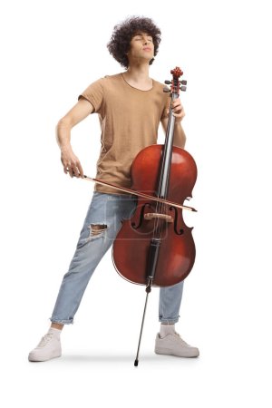 Photo for Cool young man playing a cello music instrument isolated on white background - Royalty Free Image