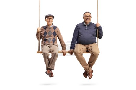Photo for Slim mature man and a corpulent mature man sitting together on one swing isolated on white background - Royalty Free Image