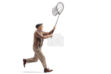Téléchargez les photos : Homme âgé courant avec un filet attrayant isolé sur fond blanc - en image libre de droit