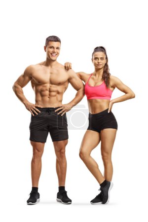 Photo for Full length portrait of a fit strong man and woman in sport clothes isolated on white background, bodybuilding and fitness concept - Royalty Free Image