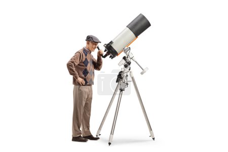 Photo for Elderly man observing the sky with a telescope isolated on white background - Royalty Free Image