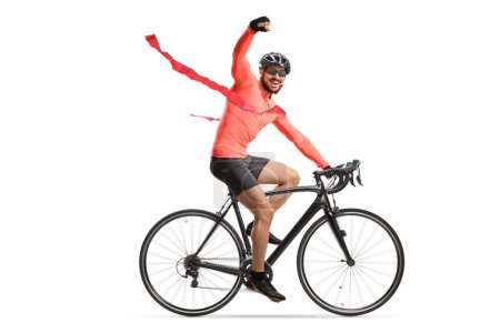 Photo for Cyclist riding a bicycle and finishing a race isolated on white background - Royalty Free Image