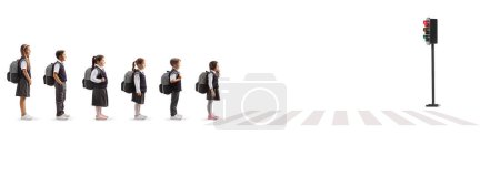 Photo for Schoolchildren waiting in line at traffic lights isolated on white background - Royalty Free Image