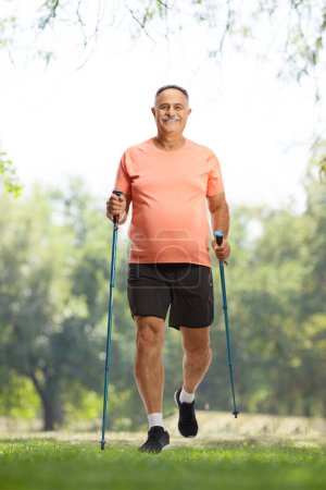 Photo for Mature man with walking poles in a park - Royalty Free Image
