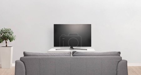 Foto de Sofá frente a un televisor con pantalla en blanco en una sala de estar - Imagen libre de derechos