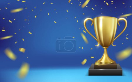 Illustration for Gold trophy cup with golden ribbon - Royalty Free Image