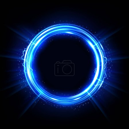 Círculo azul brillante, elegante anillo de luz iluminada sobre fondo oscuro. Ilustración vectorial