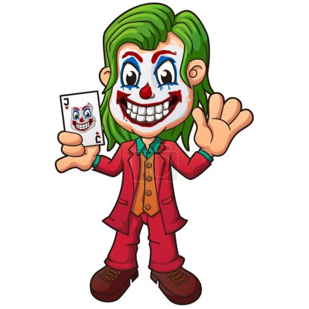 Téléchargez les illustrations : Enfant avec maquillage Joker, main agitant et montrant une carte, personnage Clip art. Illustration vectorielle - en licence libre de droit