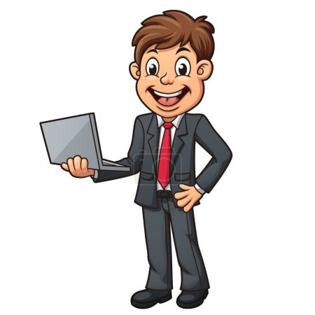Téléchargez les illustrations : Homme d'affaires debout tout en tenant un ordinateur portable, Clip art caractère. Illustration vectorielle - en licence libre de droit