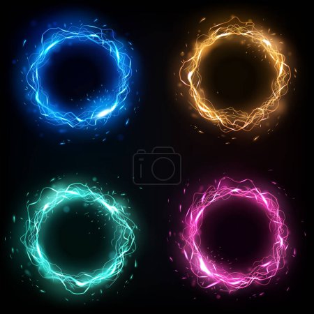 Téléchargez les illustrations : Anneaux de foudre quatre couleurs avec effet étincelles, 4 ensembles isolés. Illustration vectorielle - en licence libre de droit