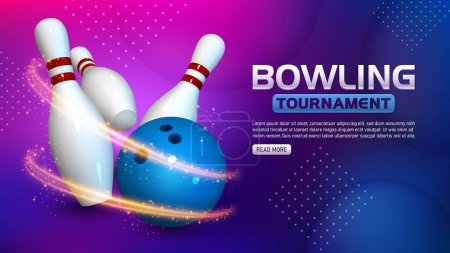Bowlingturniervorlage, Realistischer Bowlingschlag. Widescreen Vector Illustration