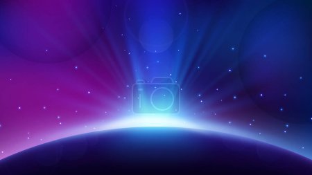 Illustration for Blue Light Rising from Planet Horizon, Glowing Shine Background. Widescreen Vector Illustration - Royalty Free Image