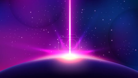 Ilustración de Luz violeta que sube desde el horizonte del planeta, resplandeciente fondo brillante. Ilustración de vectores de pantalla ancha - Imagen libre de derechos