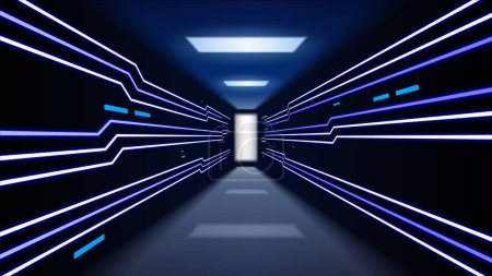 Illustration for Blue Neon Visualization Projection of Data Transmission Through High Speed Internet Corridor. Widescreen Vector Illustration - Royalty Free Image