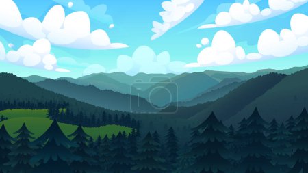 Téléchargez les illustrations : Forêt de pins avec les montagnes brumeuses derrière, papier peint vectoriel - en licence libre de droit