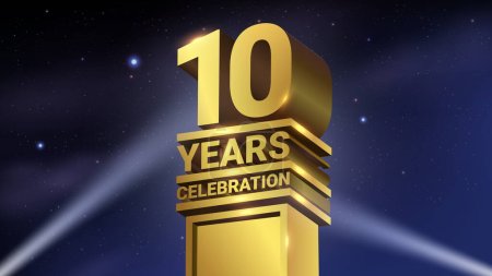 Illustration for 10th Years Celebration, 3D Gold Statue with Spotlights, Luxury Hollywood Light, Vector Illustration - Royalty Free Image