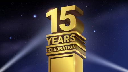Illustration for 15th Years Celebration, 3D Gold Statue with Spotlights, Luxury Hollywood Light, Vector Illustration - Royalty Free Image