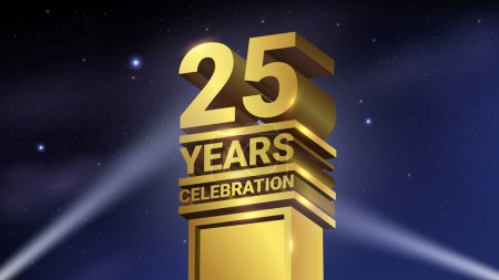 Illustration for 25th Years Celebration, 3D Gold Statue with Spotlights, Luxury Hollywood Light, Vector Illustration - Royalty Free Image