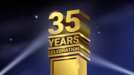 Illustration for 35th Years Celebration, 3D Gold Statue with Spotlights, Luxury Hollywood Light, Vector Illustration - Royalty Free Image