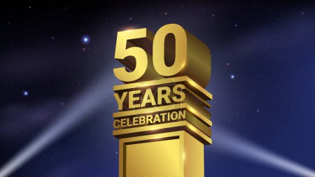 Illustration for 50th Years Celebration, 3D Gold Statue with Spotlights, Luxury Hollywood Light, Vector Illustration - Royalty Free Image