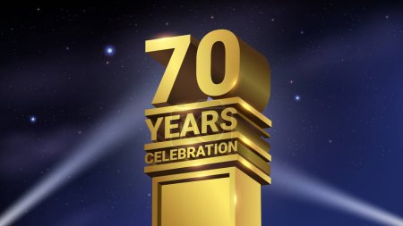Illustration for 70th Years Celebration, 3D Gold Statue with Spotlights, Luxury Hollywood Light, Vector Illustration - Royalty Free Image