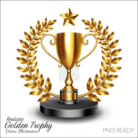 Illustration for Realistic Shiny Golden Trophy with Gold Laurel Wreath Isolated on White Background, Vector Illustration - Royalty Free Image