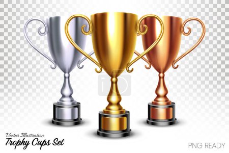 Illustration for Realistic Shiny Golden, Silver and Bronze Trophies Isolated on Transparent Background, Vector Illustration - Royalty Free Image