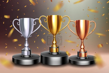 Ilustración de Campeonato con 3 Trofeos en el Podio con Gold Confetti Falls, Celebración de la Victoria, Ilustración Vectorial - Imagen libre de derechos