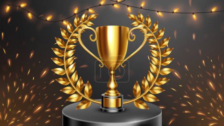 Illustration for Realistic Golden Trophy with Gold Laurel Wreath, Fire Sparks and Garland, Vector Illustration - Royalty Free Image