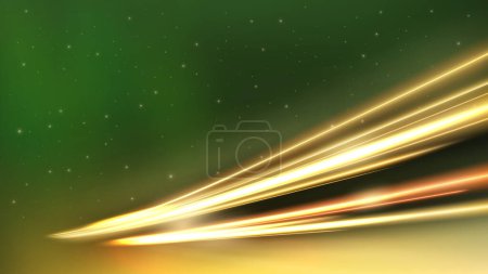 Téléchargez les illustrations : Sentiers lumineux dorés avec aurore verte, Effet flou de mouvement d'exposition de longue durée, Illustration vectorielle - en licence libre de droit