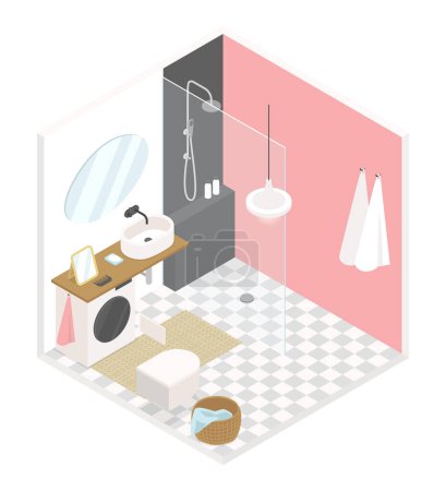 Téléchargez les illustrations : Bathroom for a girl - modern vector colorful isometric illustration. Pink walls, tile, shower, sink and toilet. Washing machine, white terry towels. Interior design for a stylish apartment idea - en licence libre de droit