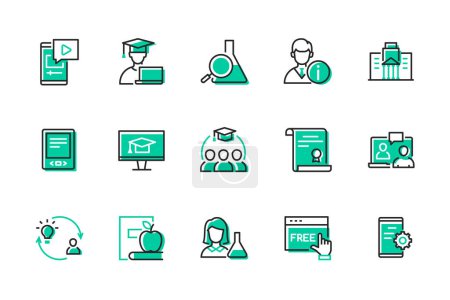 Téléchargez les illustrations : Graduation and University - set of line design style icons isolated on white background. High quality images of student in a hat, test tube, professor, diploma, gadgets, new technologies and knowledge - en licence libre de droit