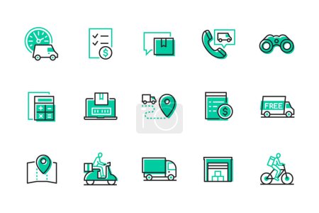 Illustration for Delivery services - modern line design style icons set. Online shopping, transportation, logistics idea. Price list, map and route tracking, pick up point, rates calculator. Van, scooter and bicycle - Royalty Free Image