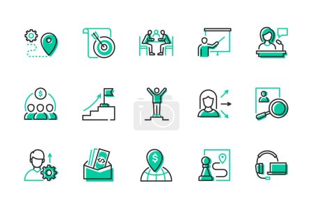 Illustration for Business and management - modern line design style icons set. Career ladder, personal development, goal achievement ideas. Meeting, seminar, conference, team, motivation, promotion, recruitment - Royalty Free Image