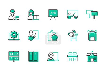Téléchargez les illustrations : Schooling and education - set of line design style icons isolated on white background. High quality images of students, stationery, backpack, chalk board, locker, desk and chairs, building and teacher - en licence libre de droit