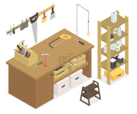 Photo for Carpentry workshop - modern vector colorful isometric illustrations set. Workplace with tools - saw, hammer, screwdriver, spatula, cans of varnish and paint, watering can. Table, shelf and ladder - Royalty Free Image
