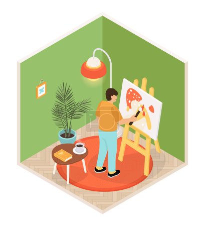 Photo for Artists room - modern vector colorful isometric illustration. Man in a room with green walls and red carpet draws a picture with paints on canvas. Inspiration, interior design, creativity idea - Royalty Free Image
