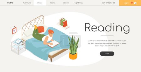 Photo for Reading on the bed - modern colored isometric web banner on white background with copy space for text. A header with girl in the bedroom leafing through a book. Calm evening at home idea - Royalty Free Image