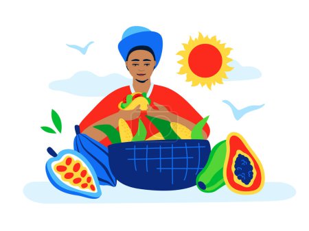 Photo for Harvest year and a happy peasant - modern colored vector illustration on white background with a man in a poncho and a straw hat eats tacos next to a basket full of corn cobs - Royalty Free Image