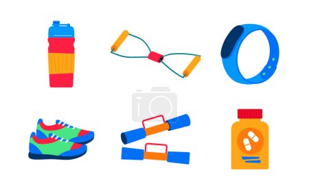 Photo for Sports nutrition and exercise - set of flat design style objects isolated on white background. Collection of protein shake, running shoes, stretching machine, smart watch, vitamins for athletes - Royalty Free Image