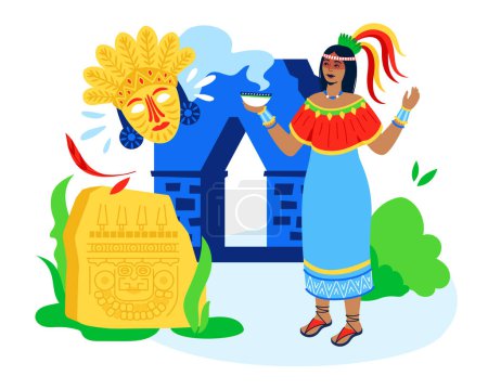 Photo for Mayan woman and her home - modern colored vector illustration on white background with peasant with bowl of hot food, stone arch, ancient tablet with ornament, national or tribal costume idea - Royalty Free Image